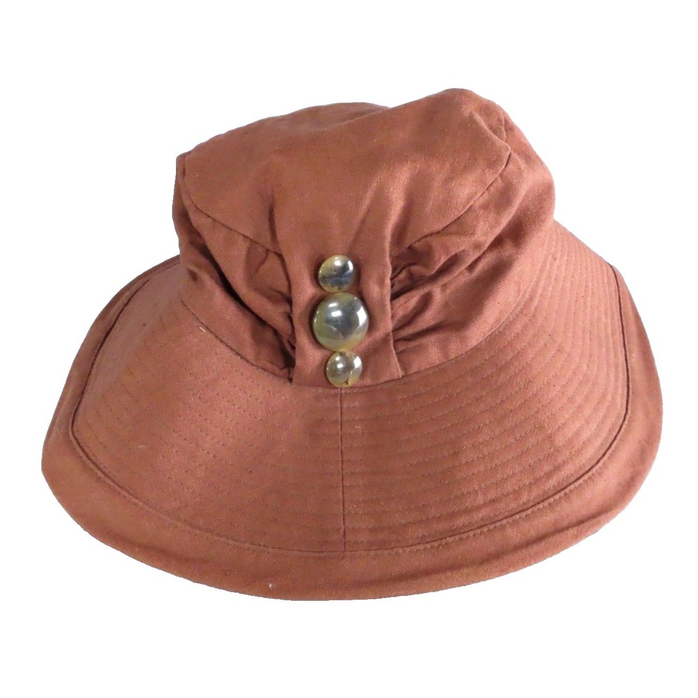 VTG Nine West Bucket Hat BROWN CANVAS w/Cute TORTOISE SHELL COLOR BUTTONS